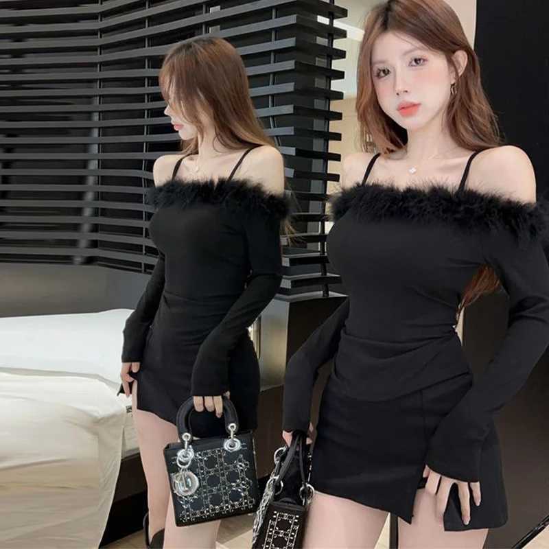 Dresses Women Sexy Faux Fur Collar Skinny All-match Basic Mini Ins Dress M260326
