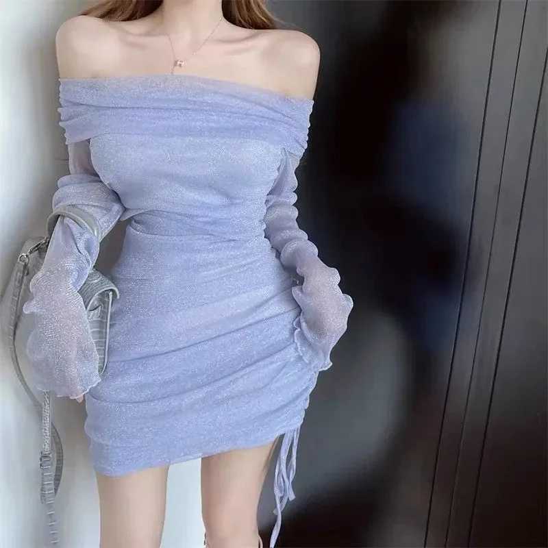 Sexy Strapless Mesh Women Mini Dress Fashion Off-shoulder Pleated Skinny Dress Party Club Slimming Covering Shiny Dress New M260326
