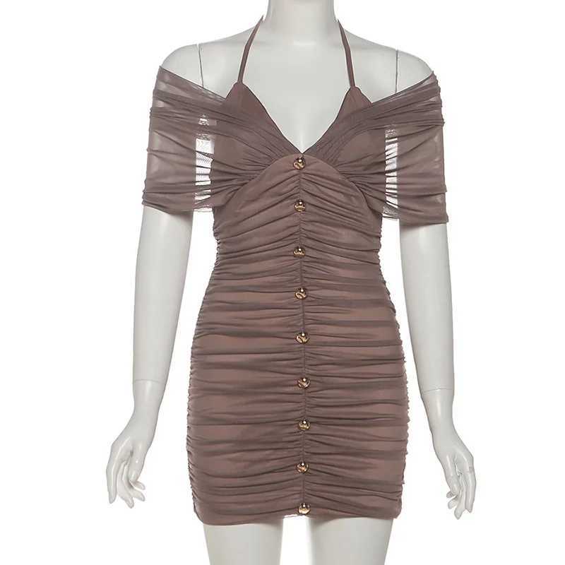 SylCue Sexy See Through Dress Women Halter Off Shoulder Metal Decoration Skinny Wrap Hip Evening Ruched Elegant Mini Bodycon M260326