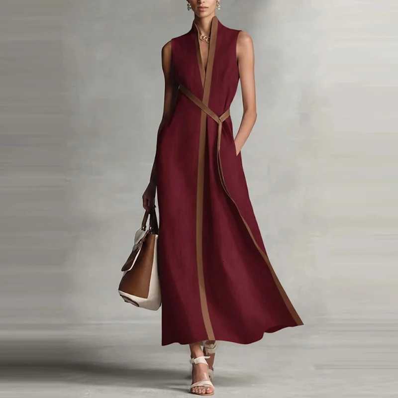 Summer Elegant V-neck Lace-Up Waist Maxi Dress Fashion Color Block Draped Long Dress Casual Slveless Cotton Linen Party Dress X260326