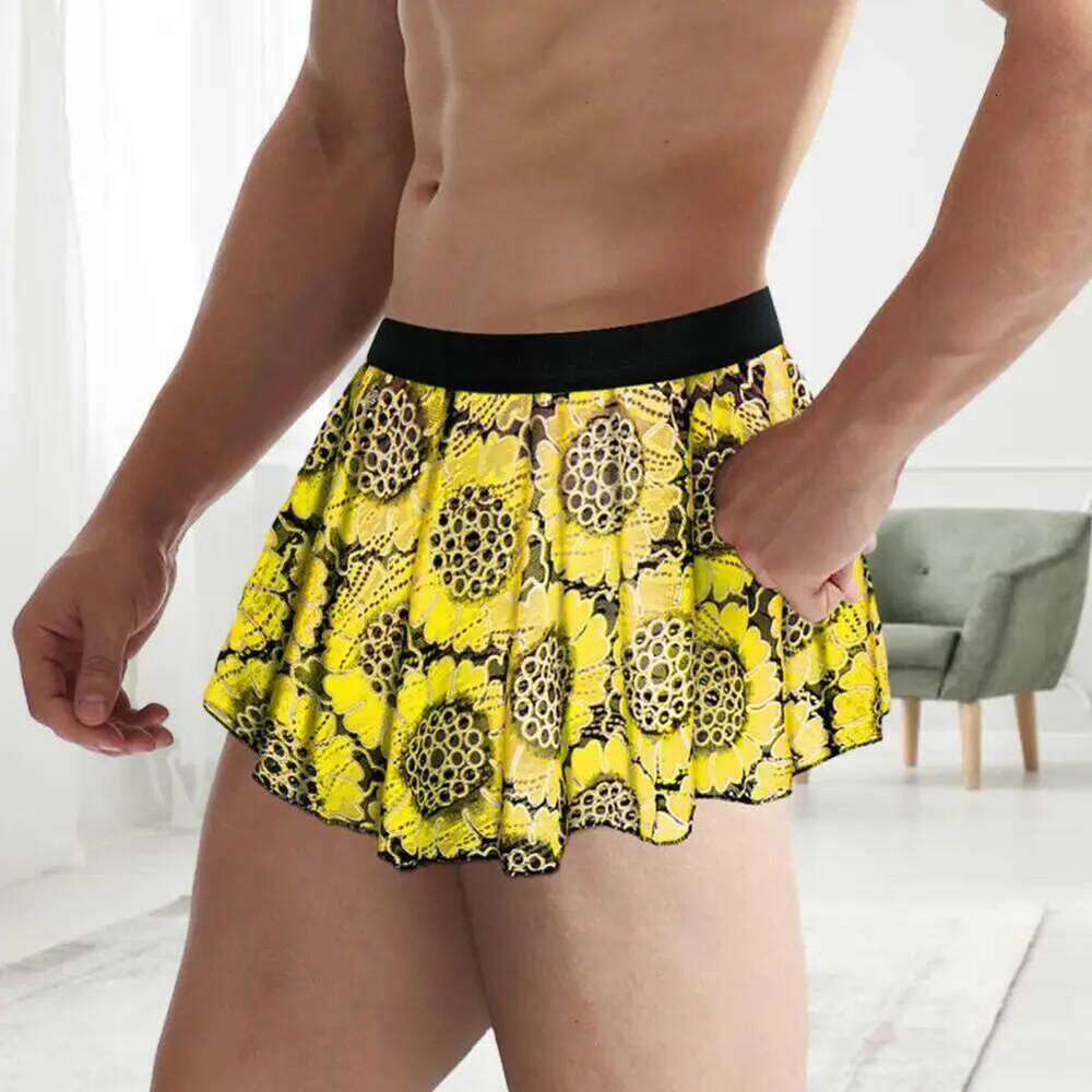 Party Vintage Printed Pleated Mini Skirt For Men Elastic Waist Clubwear Panties Underwear Soft Breathable