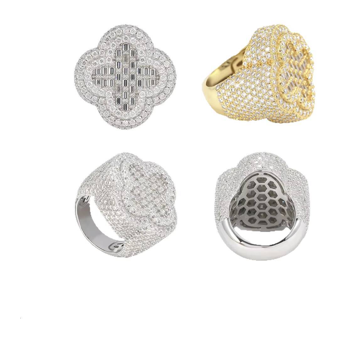 Kaleido Wholesale Hip Hop Jewelry 925 Sterling Silver Gold Plated Men Cuban 4 Four Leaf Clover Rings Vvs Moissanite Iced Out