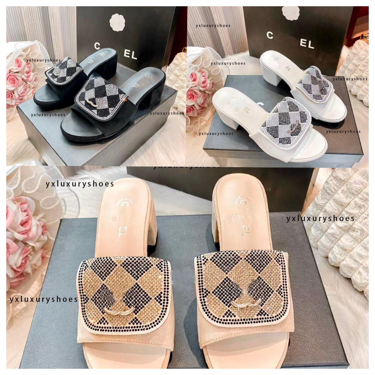 2026SS CC Designer slipper women's New model Fashion Diamond CC Thick-soled slippers women's Outdoor anti-slip heels luxury schoolbag Decoration fastener Sandals