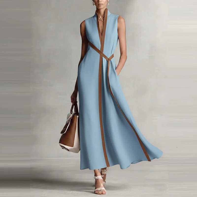 Summer Elegant V-neck Lace-Up Waist Maxi Dress Fashion Color Block Draped Long Dress Casual Slveless Cotton Linen Party Dress X260326