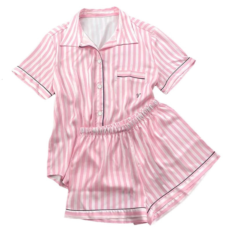 Women's Pajama Set Summer 2 Piece Short Sleeve Synthetic Silk Satin Soft Stripe Printed Home Clothes