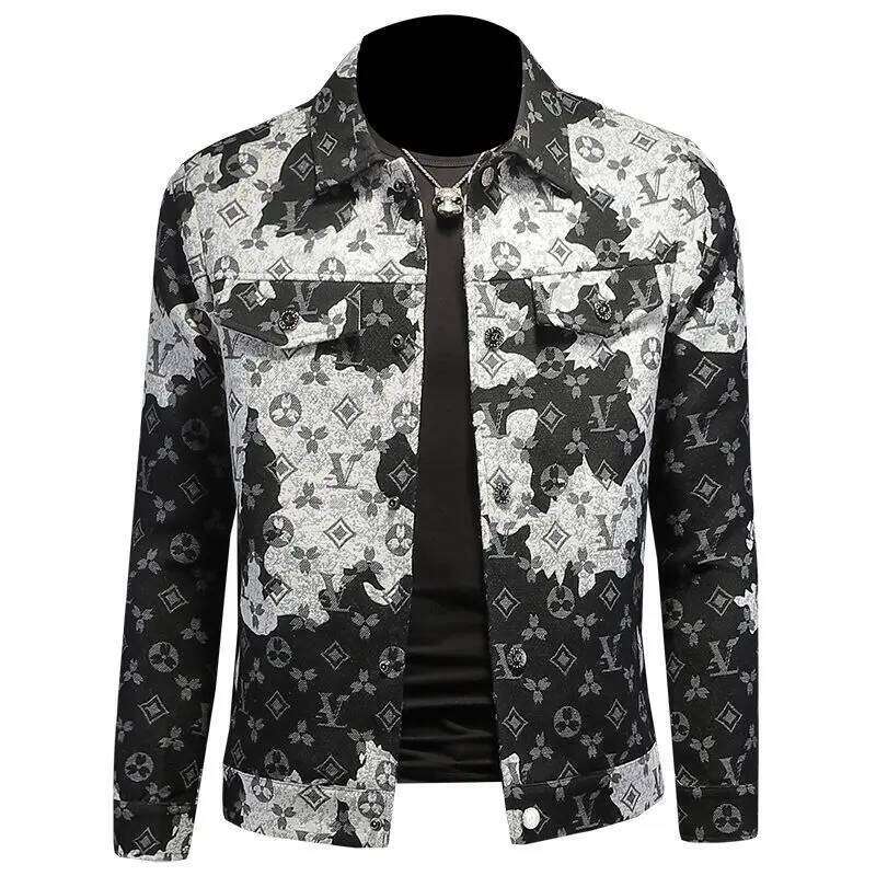Men's Spring Autumn Denim Ins Middle-Aged And Young Casual Jacquard Jacket European Station Men's Trendy Top