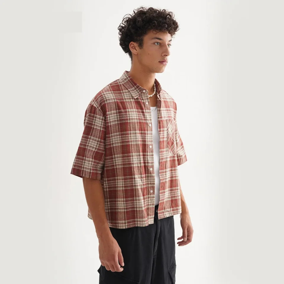KF-126 Manufacturer Mens Flannel Shirts 100 Cotton Short Sleeve Cropped Boxy Plaid Button Up Casual Shirt for Man 260324 - view 4