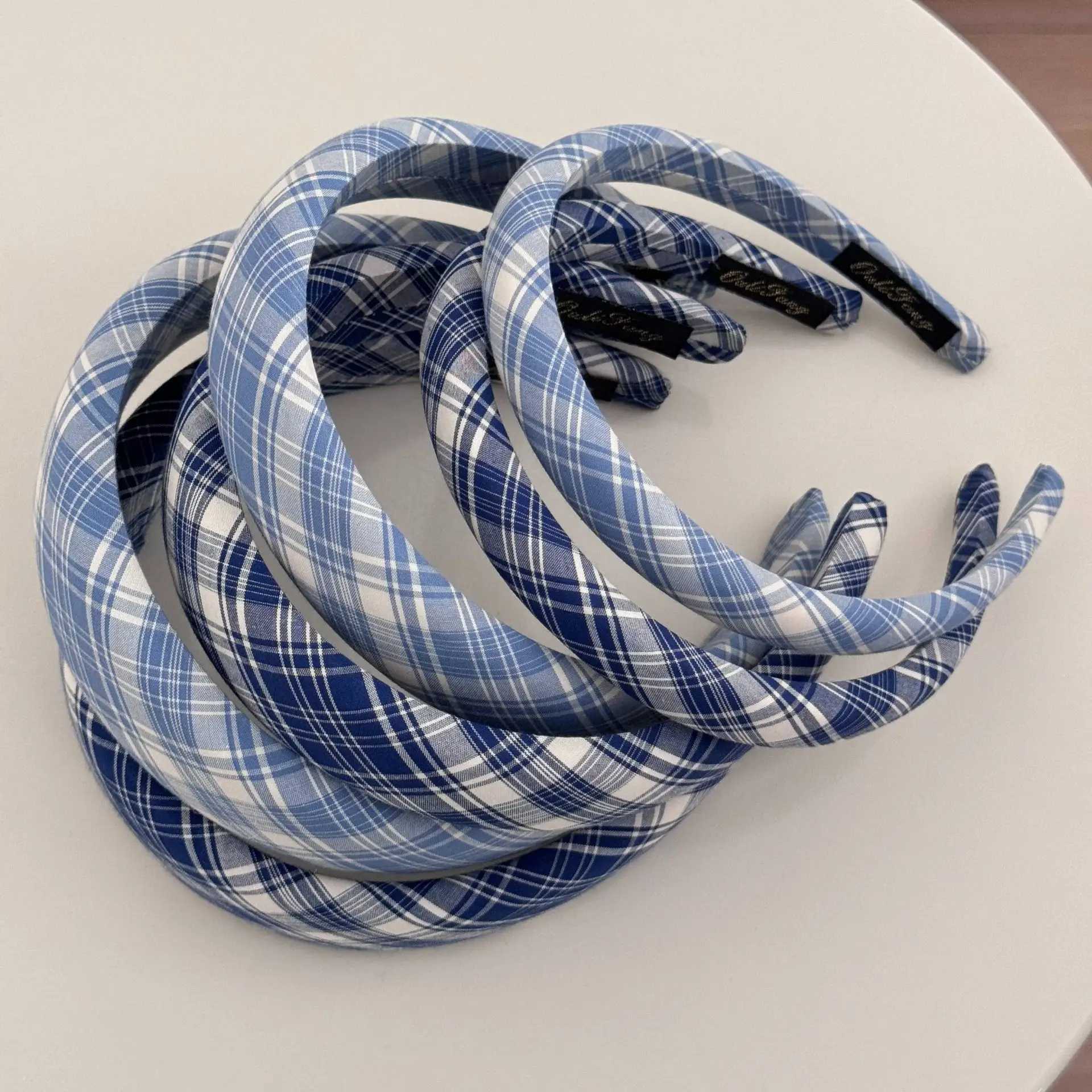 2025 Korea Cute Blue Plaid Hairbands Headband Women Children Girls Scrunchie Hair Head Hoop Bands Accessories Headdress Headwear D260326