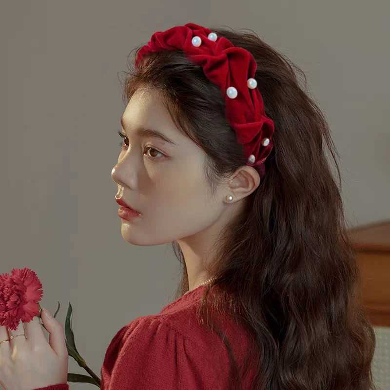 Velvet Pearl Headband Korean Women High Skull Top Retro Hair Hoop Hairband Showing Face Girl Elegant Headdress Party Hairpin D260326