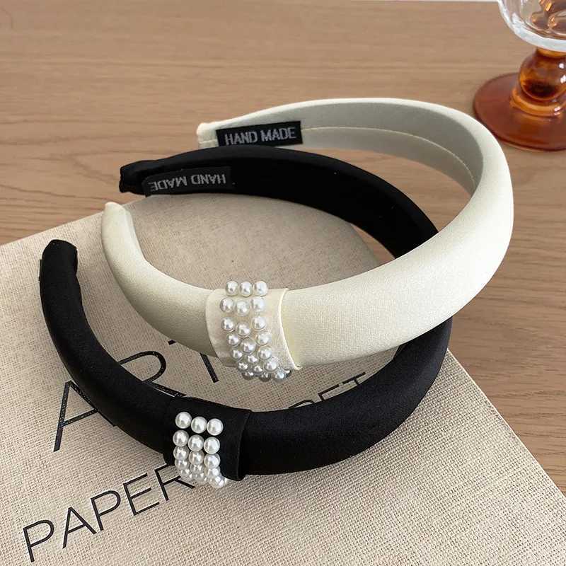 Korean Pearl Satin Headbands for Women Elegant Black White Wide Side Elastic Sponge Thick Headdress Wedding Hair Accessories D260326