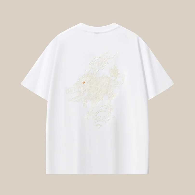 Heavyweight Combed Cotton Short-Sleeve Tshirt Men Crew Neck Drop Shoulder National Qilin Embroidery Plus-Size Half Sleeves D042 C260326