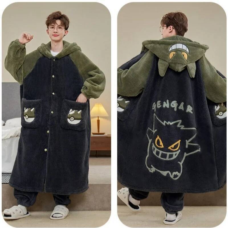 Gengar Winter Pajamas Suit Anime Pokemon Men Coral Fleece Nightgown Large Size Thicken Warm Cartoon Hooded Home Clothes Set Gift