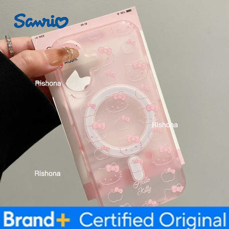 Sanrio Cute Hello Kitty Magnetic Magsafe Wireless Charge Phone Case For iPhone 17 16 15 14 13 Pro Max Mirror Grip Holder Cover H260326