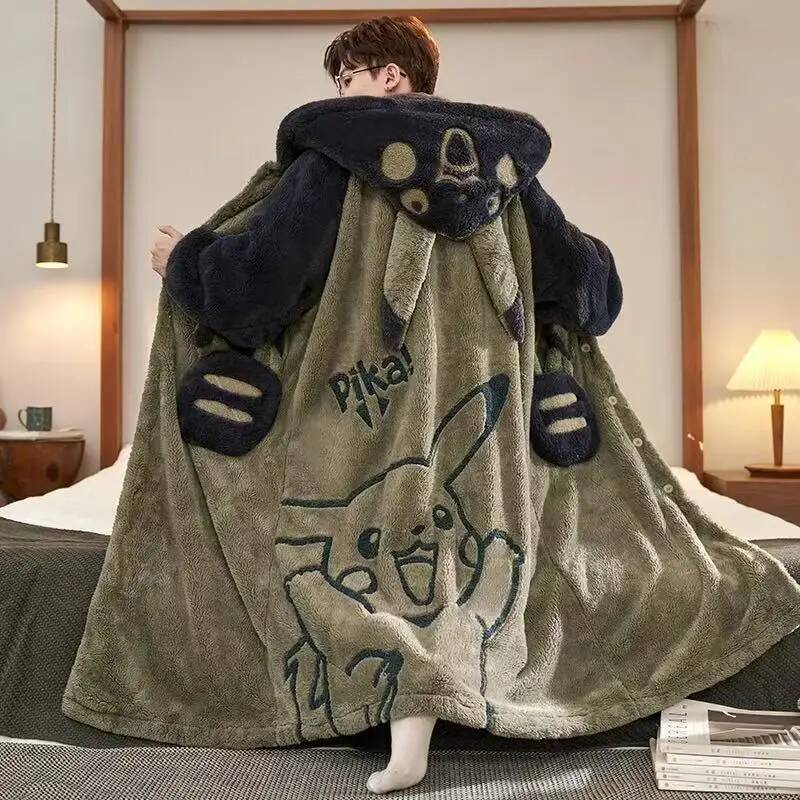 Gengar Winter Pajamas Suit Anime Pokemon Men Coral Fleece Nightgown Large Size Thicken Warm Cartoon Hooded Home Clothes Set Gift