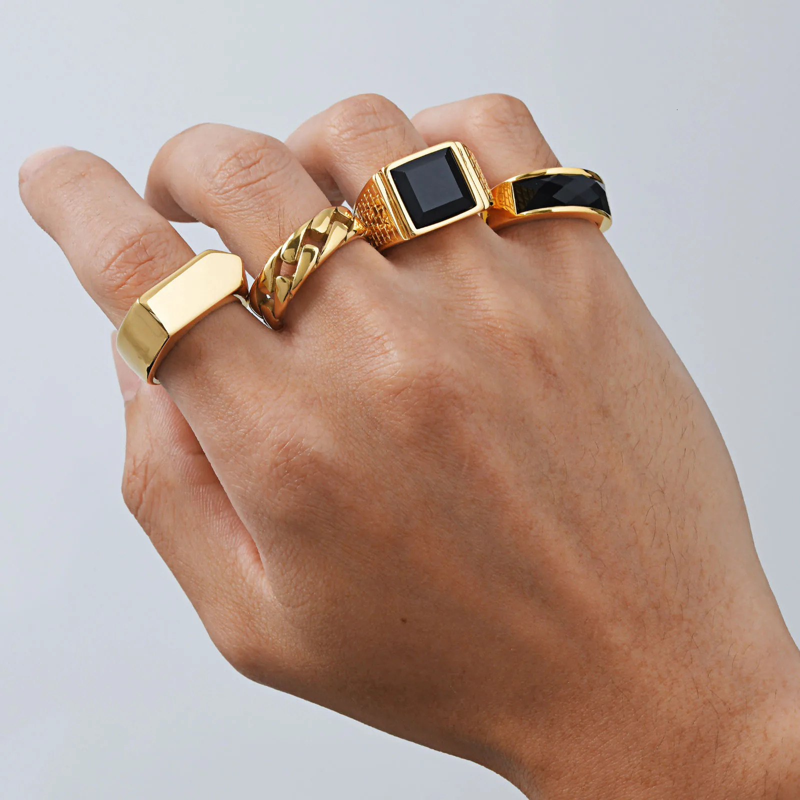 Punk Gold Plated Rings for MenBlack Geometric Square Stone Signet RingMale Chunky Thumb Ring 260423