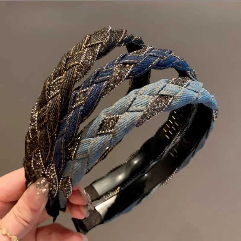 Demin Headband High-end Elegant Retro Light Rhinestone Denim Hair Accessories Braided Headband Fashionable Simple Hairband D260326