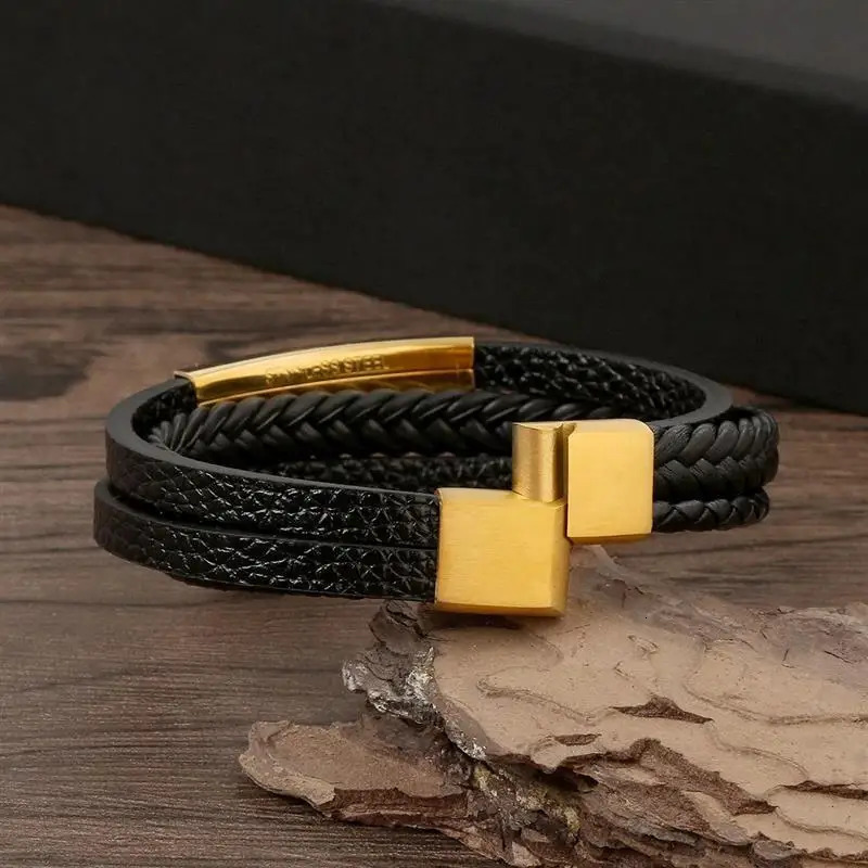 Punk Men Leather Bracelet with Stainless Steel Magnetic Clasp Braided Mutilayer Leather Wrapping Bangles Man Jewelry Gift 260402
