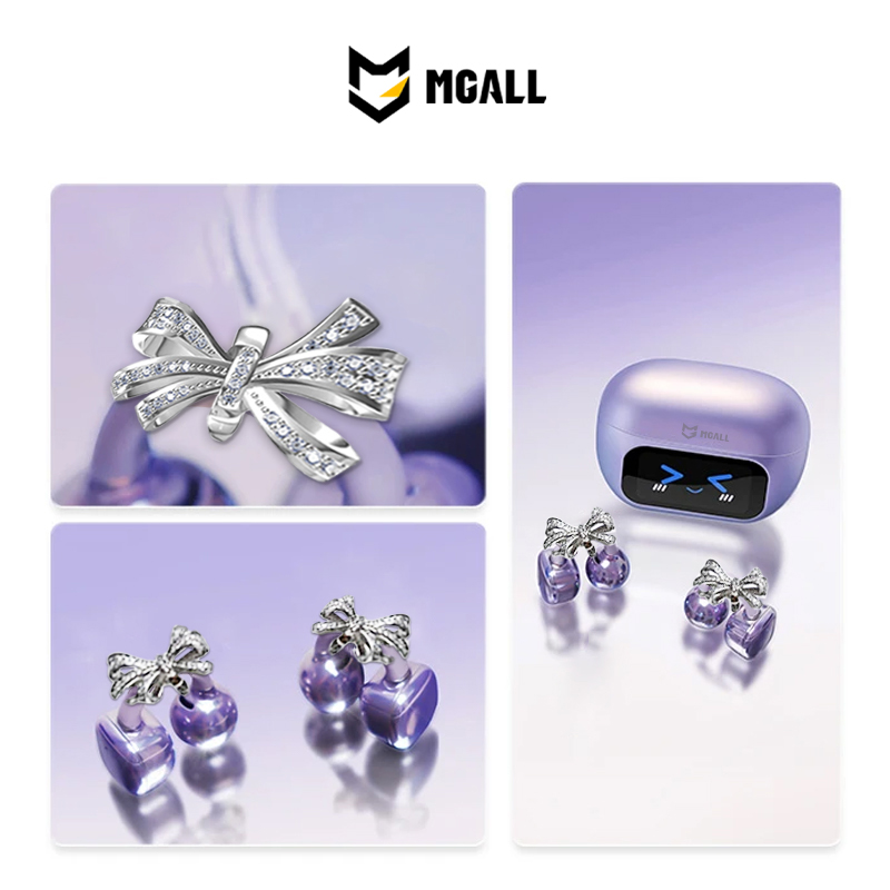 MGALL Earbuds Top earrings butterfly Headphones Design with LCD Full Color Touch Screen Audio Wireless for Music Phone Calls with earrings Bow tie Pet