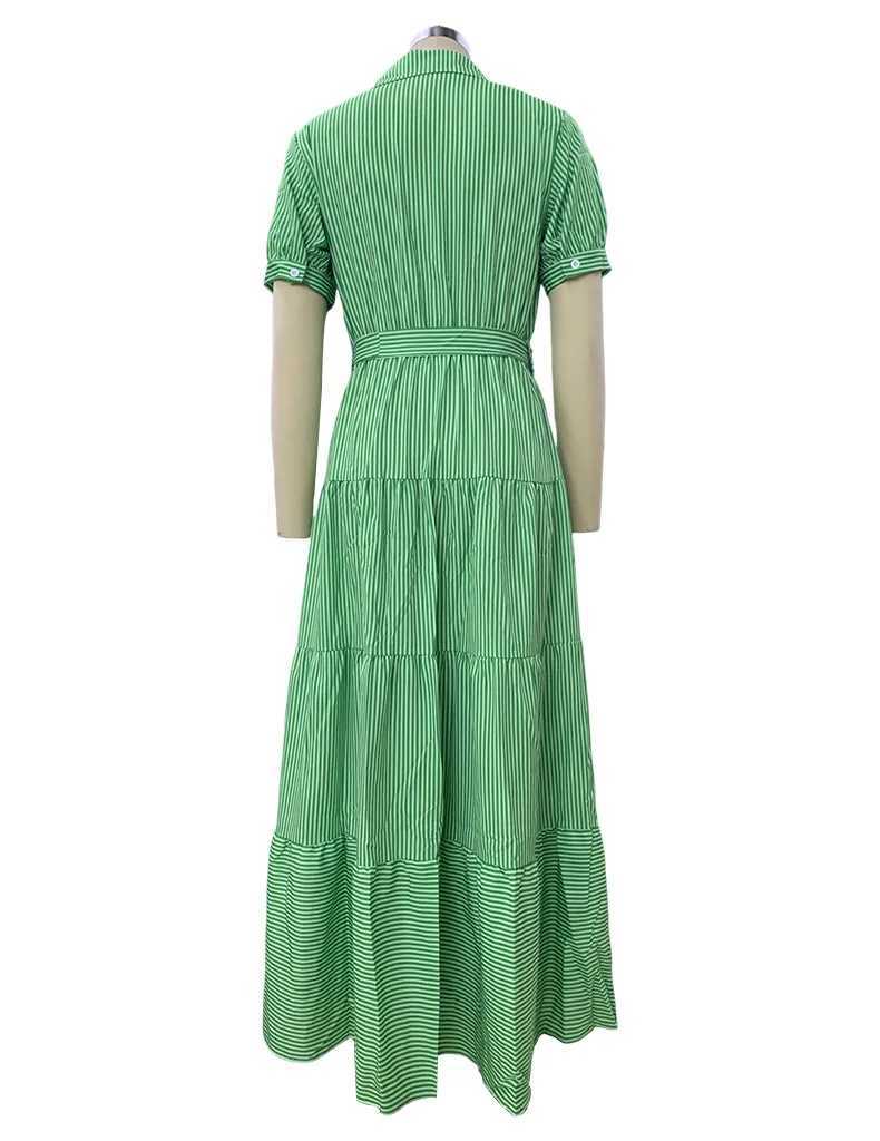 Women Blue Striped Maxi Dress Short Slve Lace Up Ruffles Hem Strtwear Boho Vacation Office Lady Dresses Summer Robes Vestido X260326