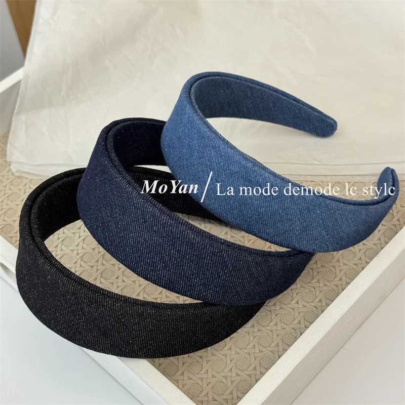 Korean solid color retro denim headband women wide hairband pressure clip latest design hairhoop D260326