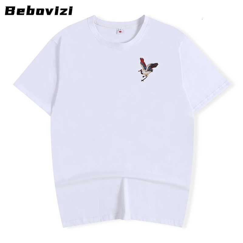 2025 Men Hip Hop Streetwear Japanese Harajuku Crane Embroidery T-Shirt Summer Short Sleeve Tops Tees Black White Cotton Tshirts C260326