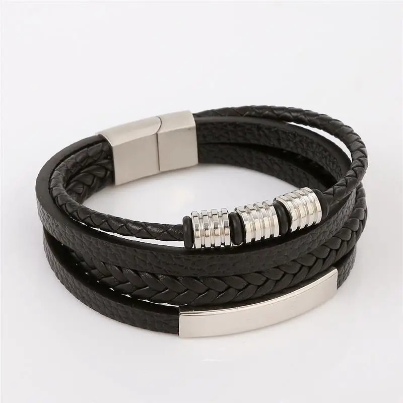 Punk Men Leather Bracelet with Stainless Steel Magnetic Clasp Braided Mutilayer Leather Wrapping Bangles Man Jewelry Gift 260402