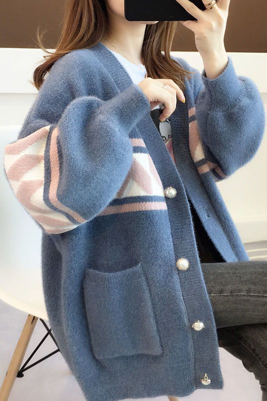 MEXZT Sweet Knitted Cardigan Women Korean Fashion Heart Button V Neck Print Sweater Coat Y2K Cute Loose Long Sleeve Crop Top 240809