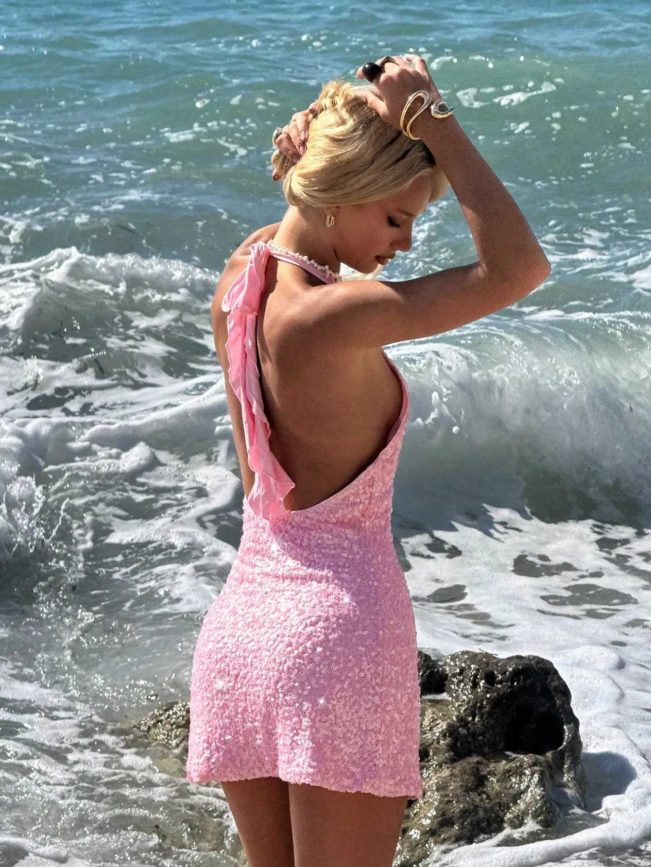 Pink Sequin Backless Halter Mini Dress with Flared Hem M260326