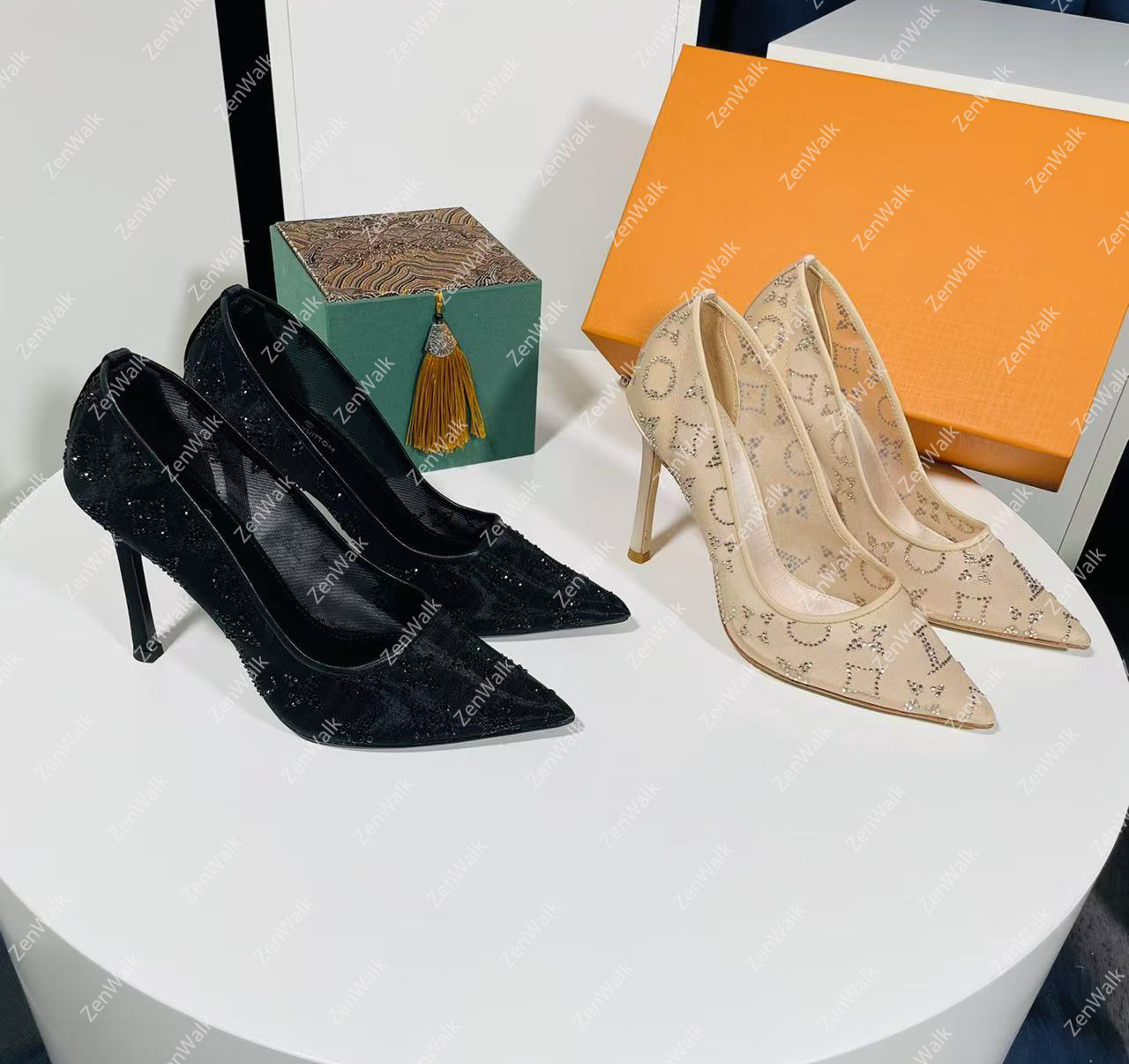 Designer Gala high heels sandals style fabric embroidered pointed-toestiletto Evening bridal mesh shoes mesh rhinestone embellished sizes 35-42