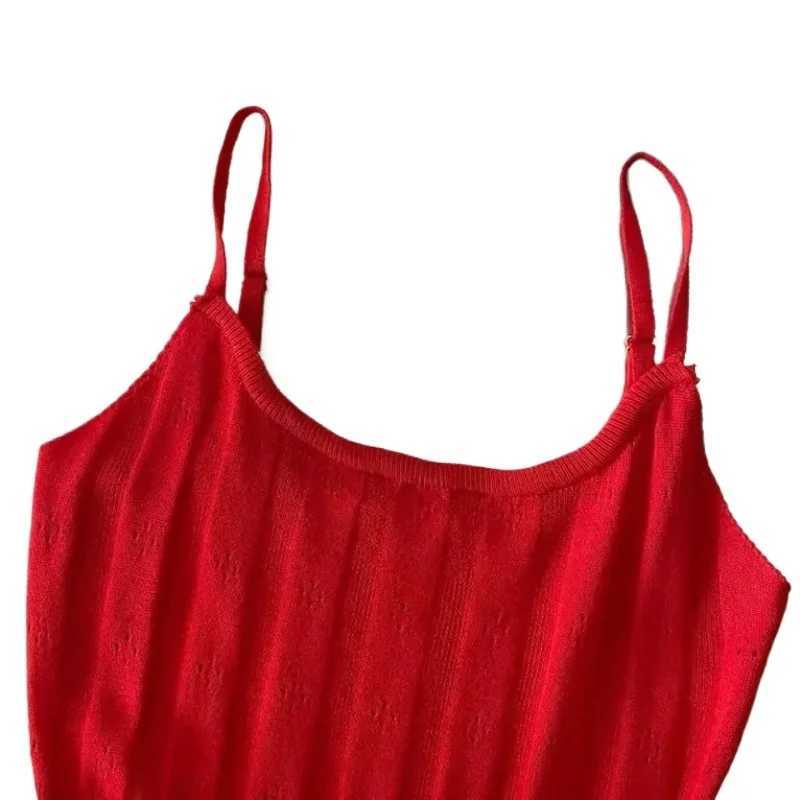 Womens Red Spaghetti Strap Short Sundress Flared Hem Stretchy Ribbed Knit A-Line Mini Dress Hollow Out Summer Vacation Dress M260326