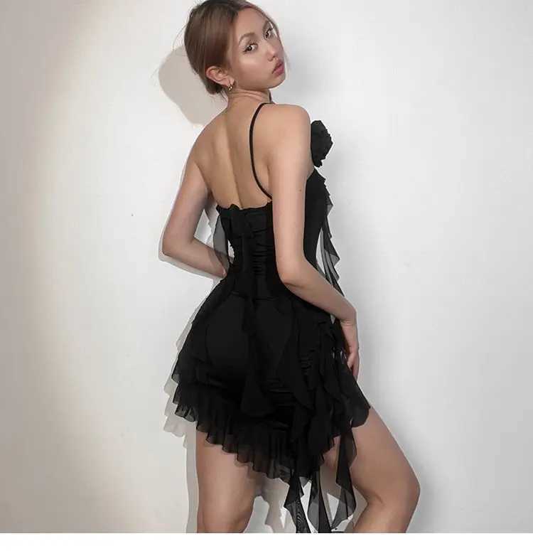 Women Strapless Sexy Floral Fold Hemline High Slit Mini Dress Solid Backless Sleeveless Black Party Dress Vestidos M260326