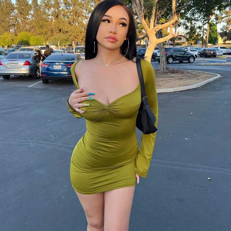Womens Long Sleeve Ruched Bodycon Dresses Bell Sleeve Sexy Square Neck LowCut Cocktail Club Party Mini Short Dress M260326