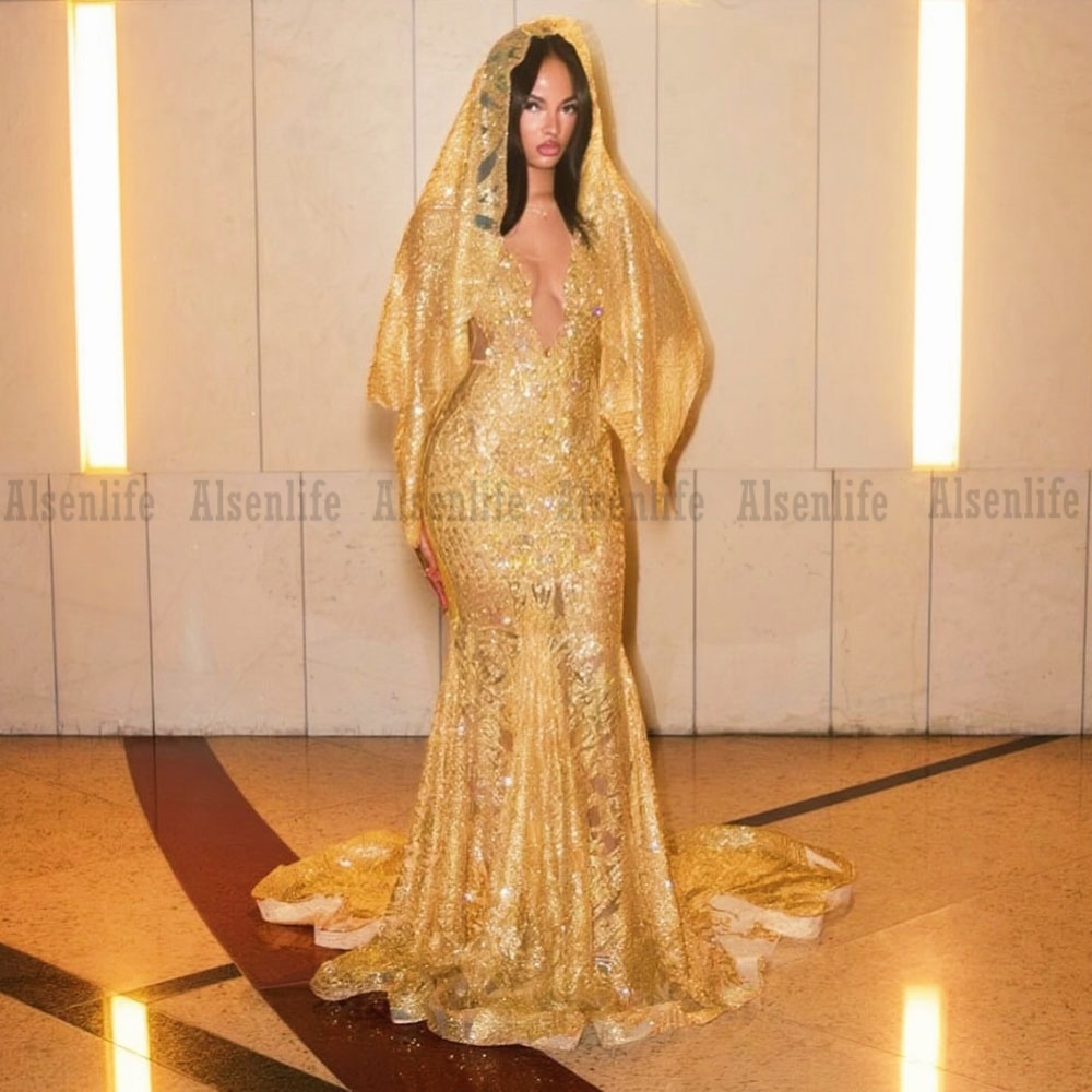 Gold Prom Dresses With Warp 2026 Luxury Mermaid Sequins Crystals Evening Party Dress For Black Girls