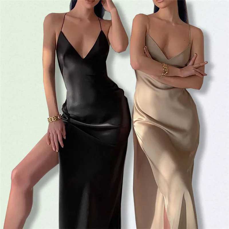 Backless Slit Party Satin Silk Long Dress Summer Suspenders Slim Fit Deep V Solid 2024 Women Y2K Sleeveless Sexy Evening Dresses M260326