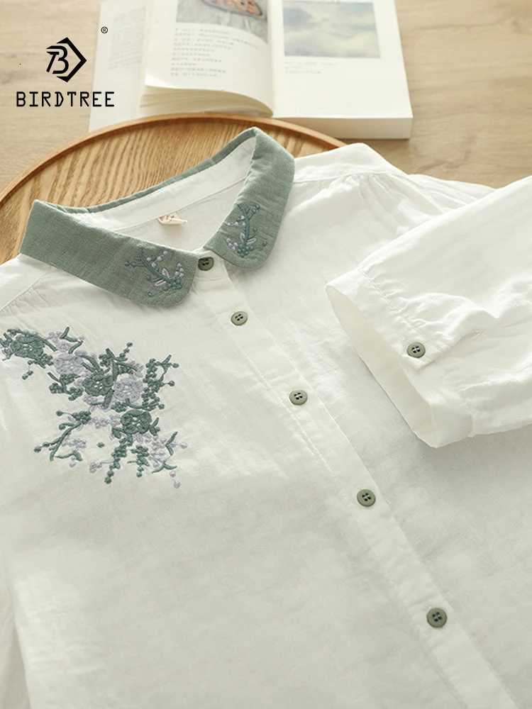 New 2025 Autumn Cotton Yarn Half Sleeve Shirt Women Turn-down Collar Embroidery Mori Girl Retro Casual Loose Blouse T56292CC C260326