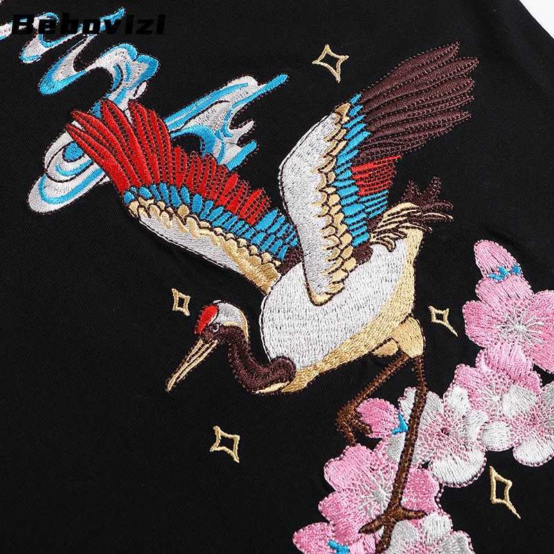 2025 Men Hip Hop Streetwear Japanese Harajuku Crane Embroidery T-Shirt Summer Short Sleeve Tops Tees Black White Cotton Tshirts C260326