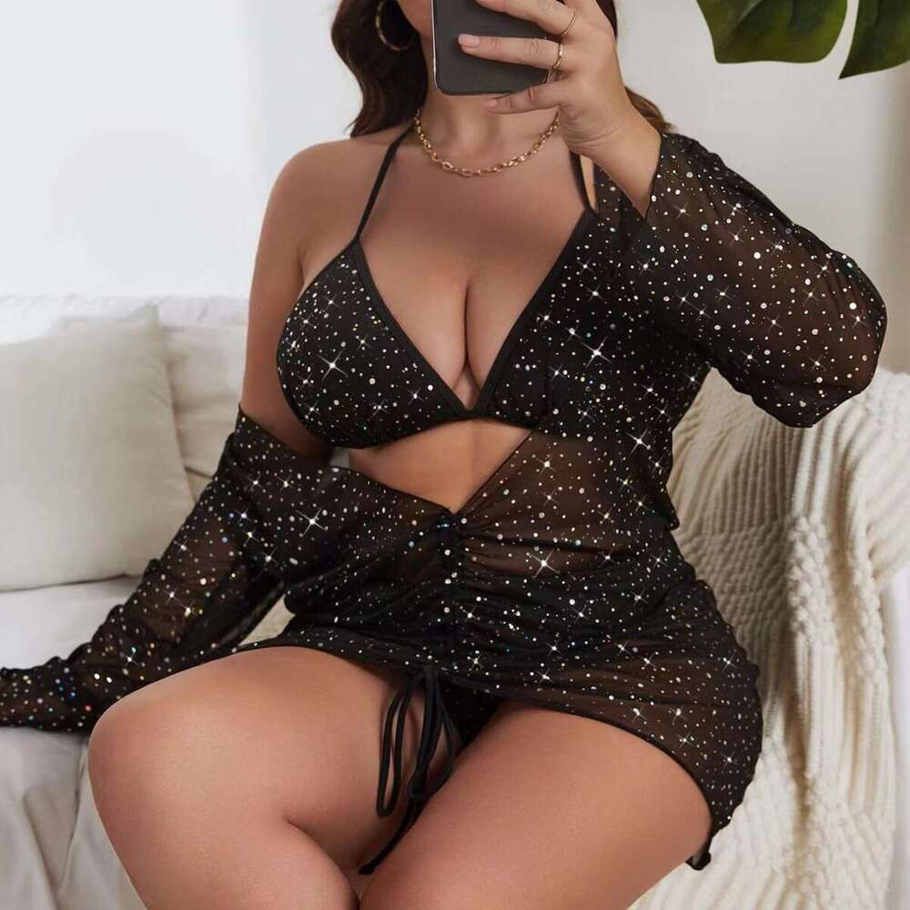 Swimsuits designer womens maillot de bain New European and American Plus Size Mesh Long Sleeve Sunscreen Three-Piece S