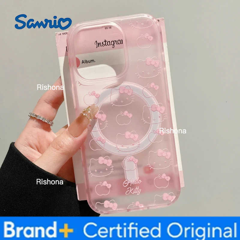 Sanrio Cute Hello Kitty Magnetic Magsafe Wireless Charge Phone Case For iPhone 17 16 15 14 13 Pro Max Mirror Grip Holder Cover H260326