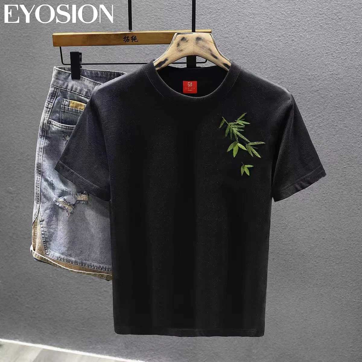 New Summer T-shirt for Mens Retro Chinese Bamboo Embroidery Print Casual Short Sleeve Slim Fit Round Neck Tee Top Plus Size C260326
