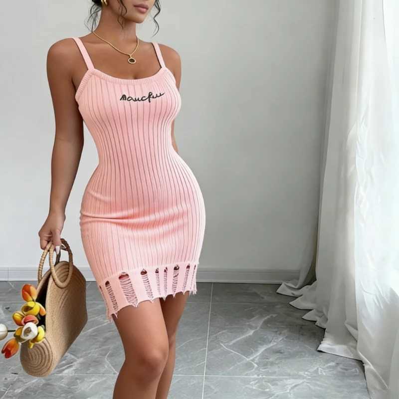 Womens Pink Spaghetti Strap Sleeveless Sundress Stretchy Ribbed Knit Distressed Letter Bodycon Mini Dress Summer Party Dress M260326