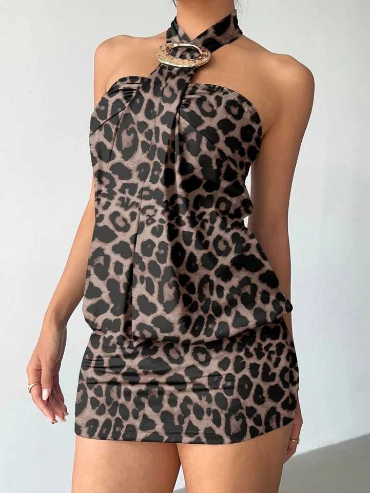 Womens Avant-Garde Sexy Brown Leopard Print Full-Width Pattern Tight Bandeau Metal Button Decor Halter Black Mini Super Shor M260326