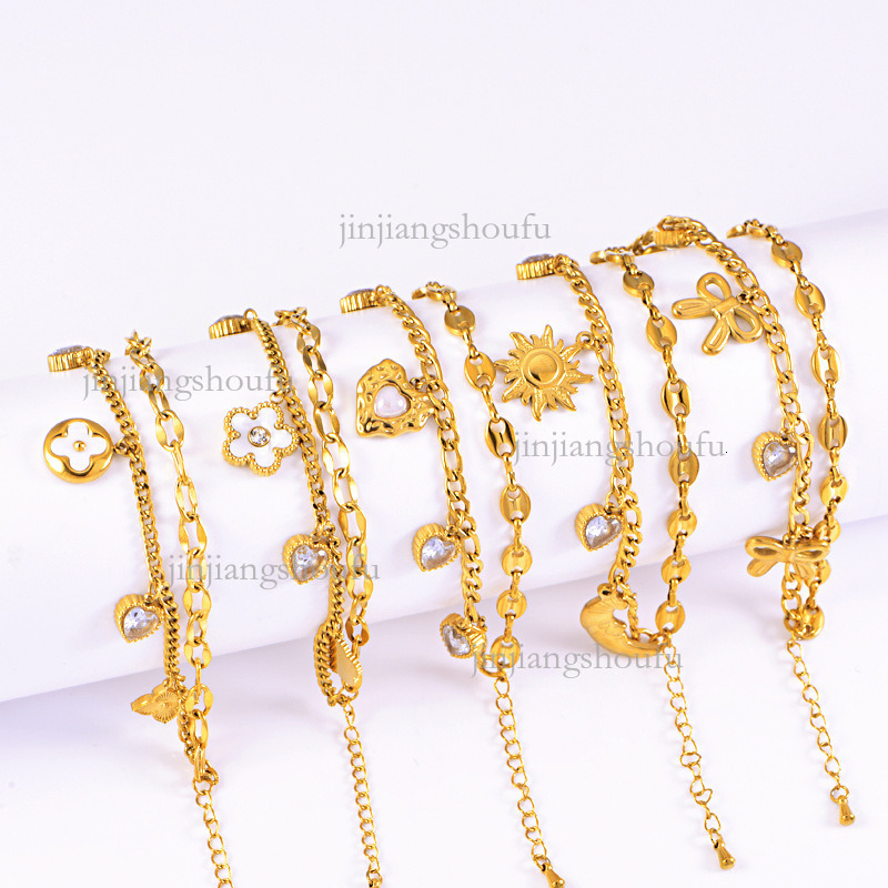 Designer Bracelet Luxury Women's Jewelry Fashion Trend Stainless Steel Color Preserved White Shell Five Leaf Flower Sticky Diamond Double Layer S