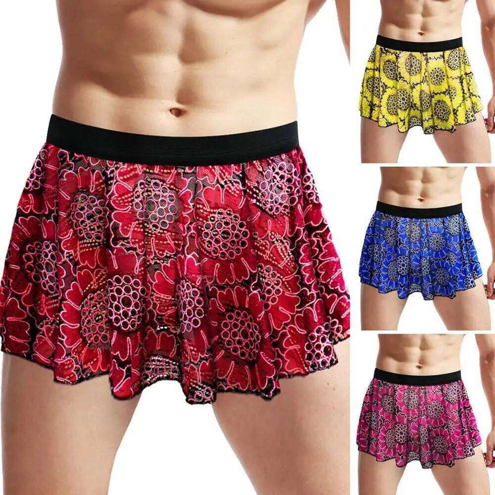 Party Vintage Printed Pleated Mini Skirt For Men Elastic Waist Clubwear Panties Underwear Soft Breathable