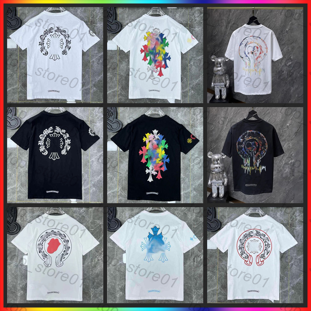 mens designer t shirt fashion graphic tee american summer t shirt embroidered letters luxury classic horseshoe sanskrit cross shirts men loose short sleeve shirts