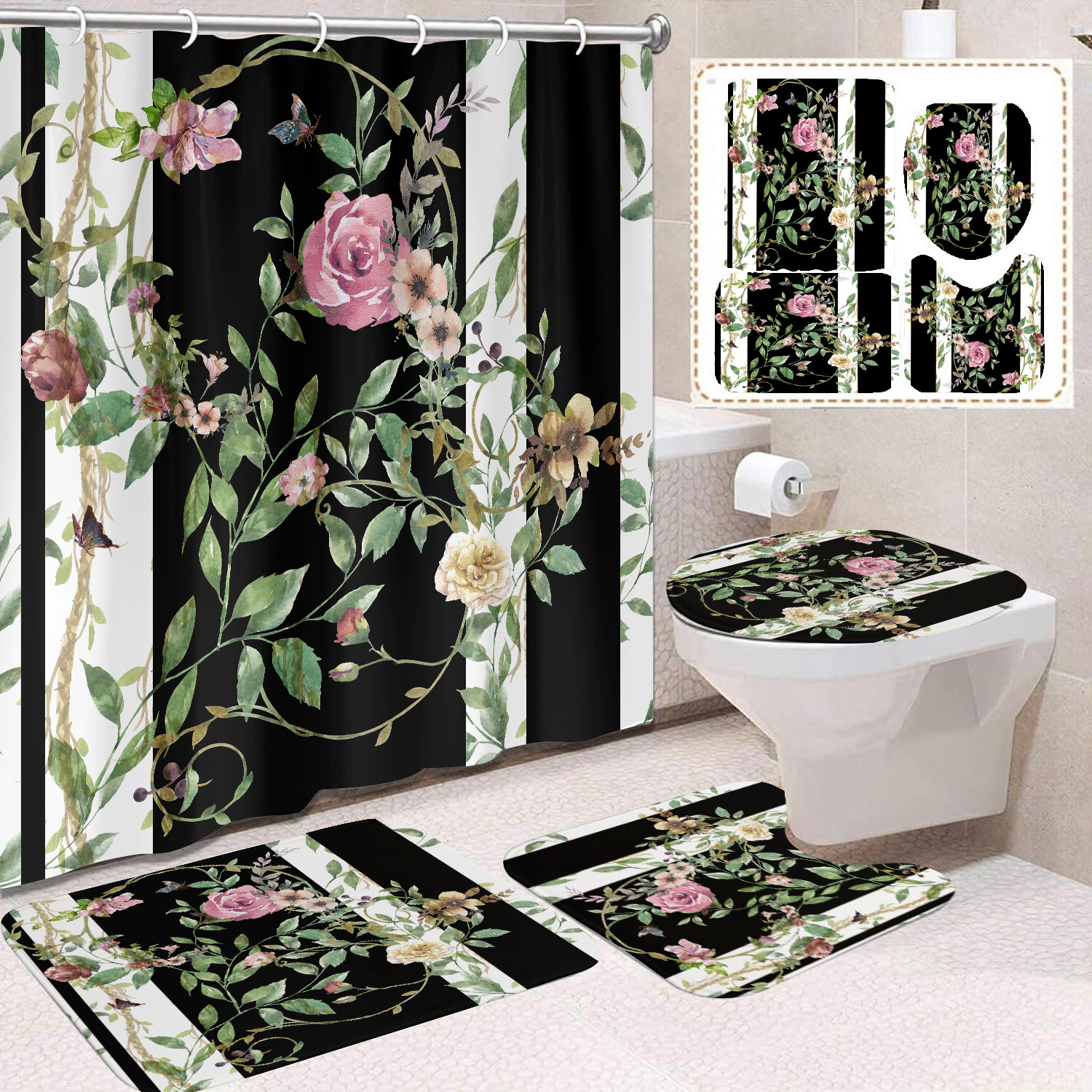 YL-38397 Floral Shower Curtain and Mat Set (4 Pieces) - Bathroom Dry and Wet Separation, Toilet Isolation Curtain, Modern Minimalist Style