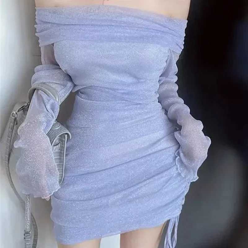 Sexy Strapless Mesh Women Mini Dress Fashion Off-shoulder Pleated Skinny Dress Party Club Slimming Covering Shiny Dress New M260326