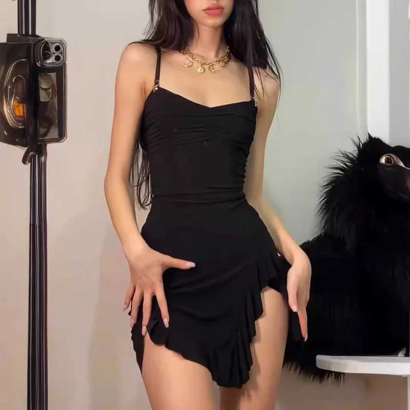 Womens European American Spicy Sling Mini Dress Solid Color Simple Slit Irregular Sexy Temperament Fashion Casual Dress M260326