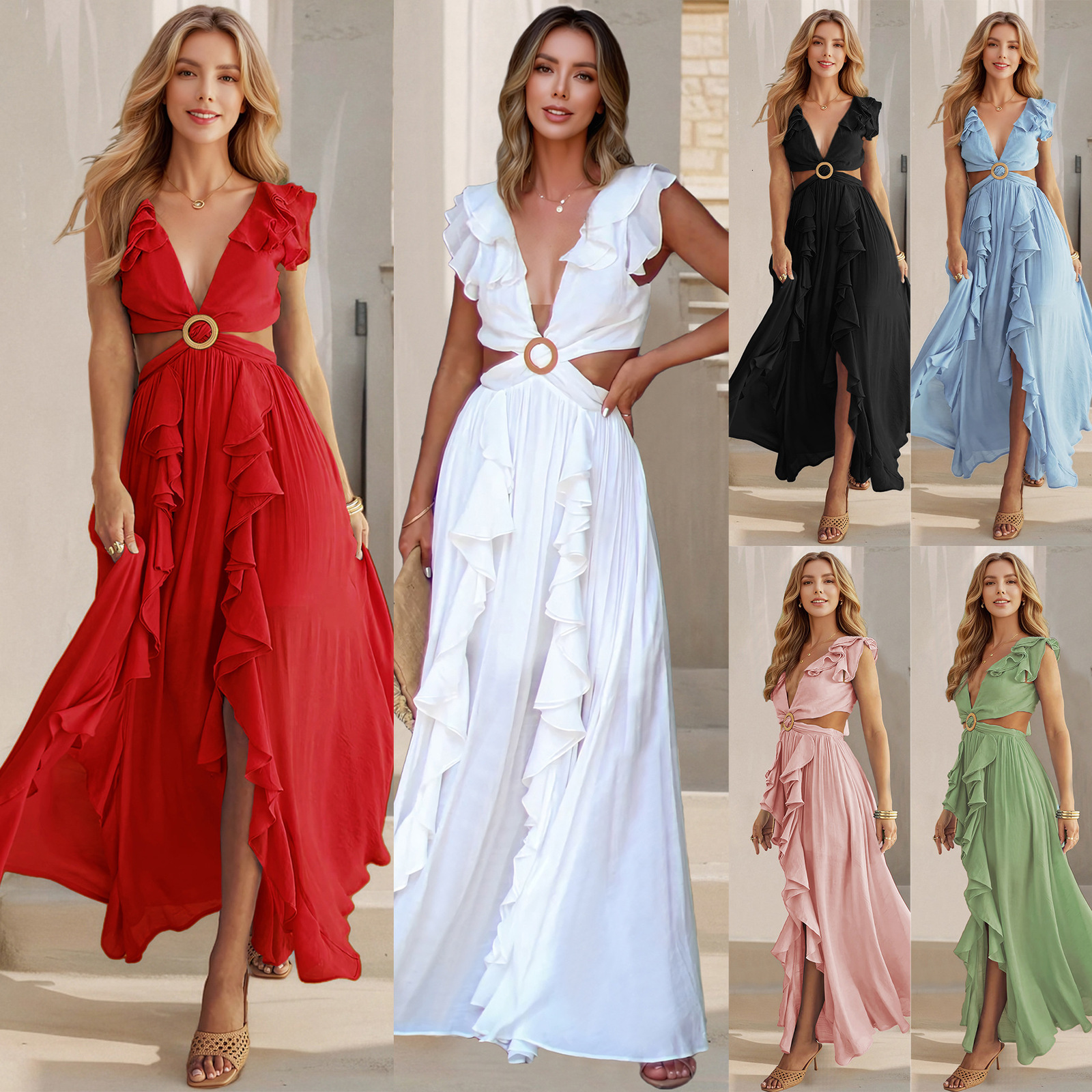 Sexy slim fit backless dress for womens Bohemian vacation V-neck ruffled slit long skirt 220829