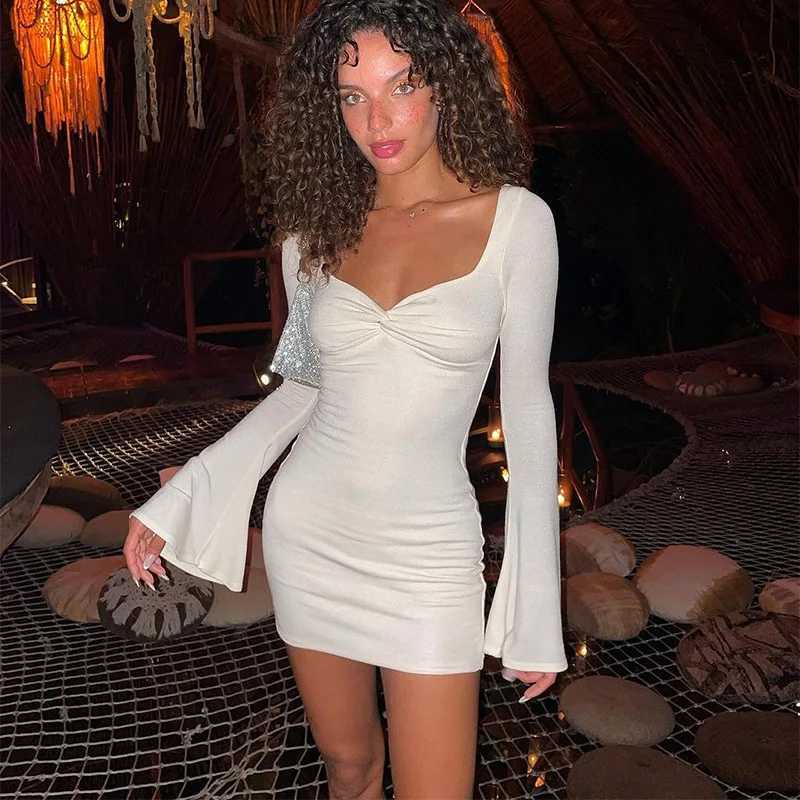 Womens Long Sleeve Ruched Bodycon Dresses Bell Sleeve Sexy Square Neck LowCut Cocktail Club Party Mini Short Dress M260326