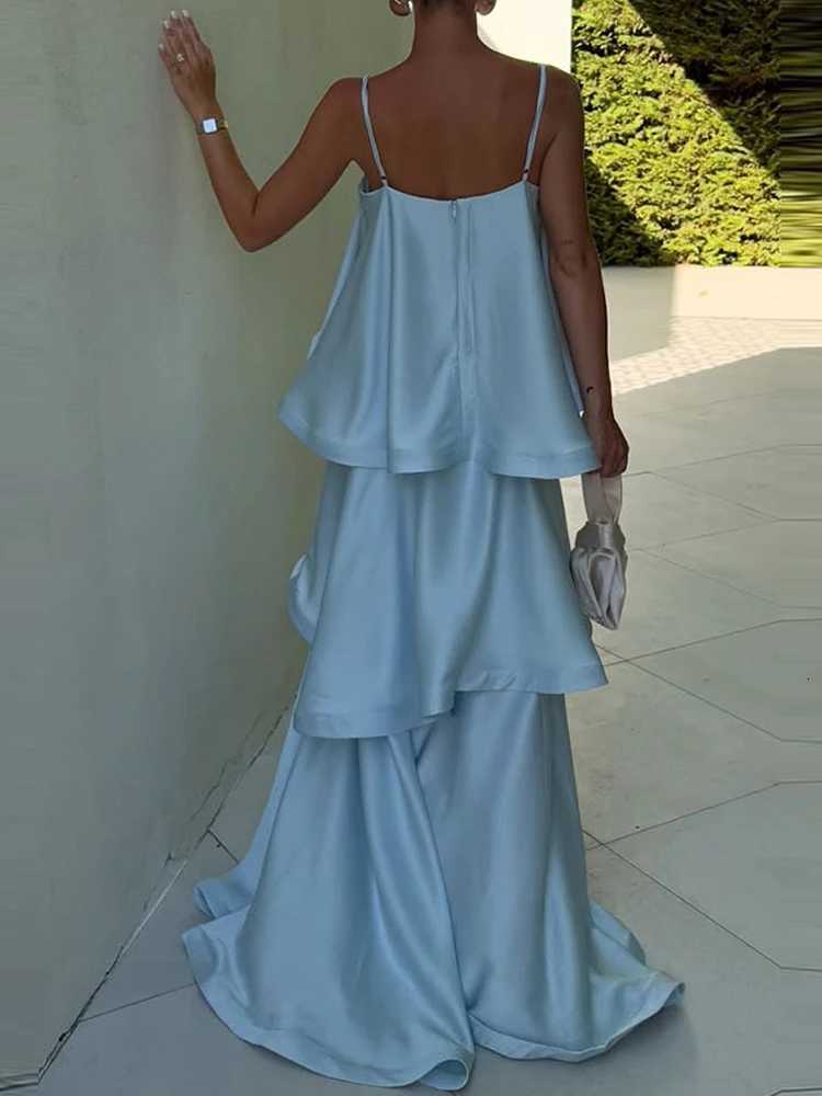 Elegant Womens Sleeveless Ruffles Party A-line Dress Summer Casual Loose Vacation Dress Sexy Solid Color Halter Cake Long Dress X260326